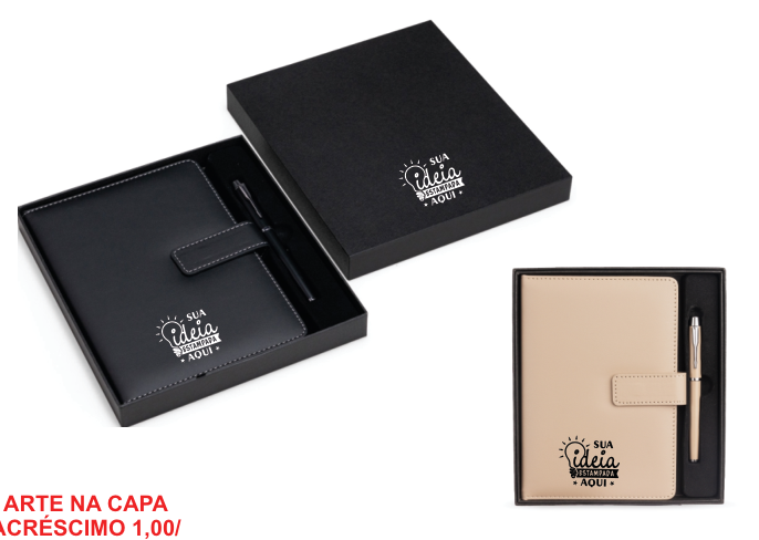 Kit Executivo 2 Peças Couro Sintético c/ Fecho Magnético e Caneta Metal