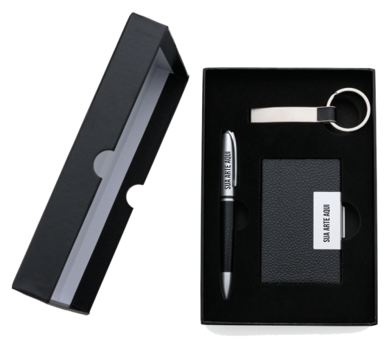 Kit Executivo 3 Peças Chaveiro de Metal, Porta-Cartão de Couro e Caneta Metal