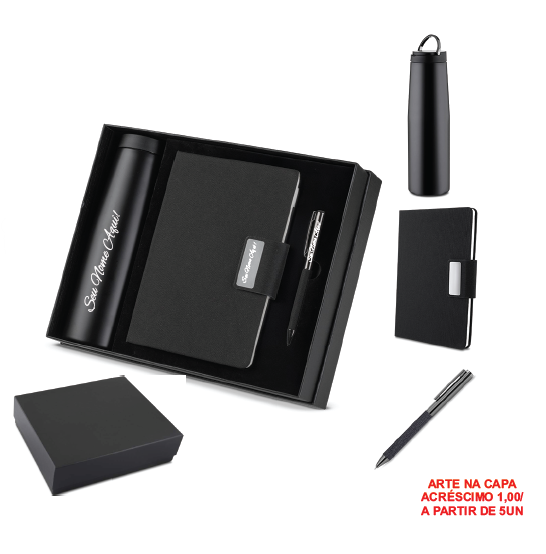 KIT ESCRITÓRIO CADERNO, GARRAFA INOX e CANETA METALICA