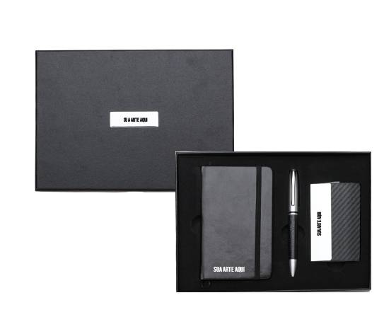 KIT EXECUTIVO 3 PEÇAS BLOCO DE ANOTAÇÕES - porta cartão de couro E CANETA METAL